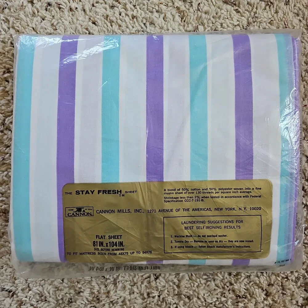 Cannon Monticello Aqua Blue Muslin Full Flat Sheet NEW Vtg MCM Purple Stripe